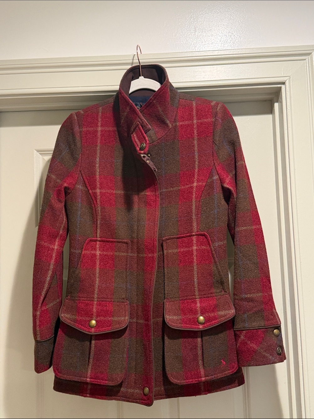 Joules Women's Red Plaid Wool-Blend Pea Coat